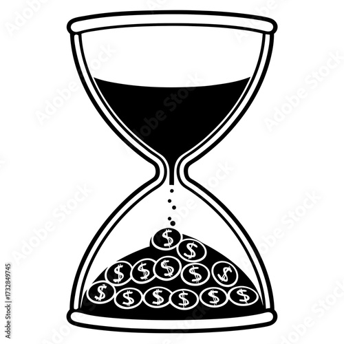 Minimalist hourglass icon with dollar coins instead of sand vector illustration