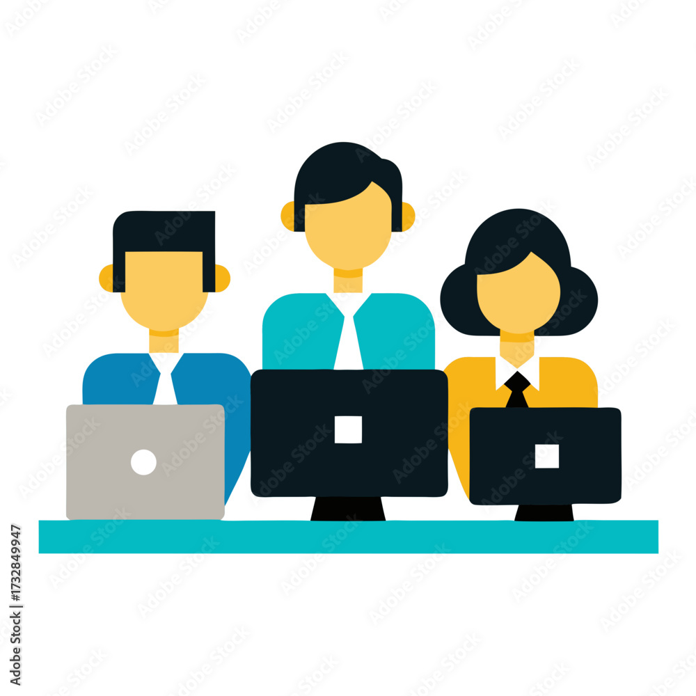 Obraz premium A finance team in an office collaborating on a computer project vector illustration