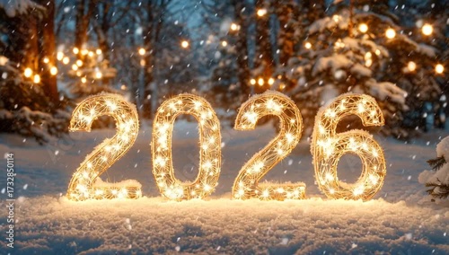 Happy new year 2026 golden numbers with glittering lights and sparkling snow for a festive holiday celebration.
