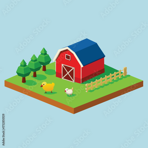 An artistic representation of a farm with a chicken and a traditional barn set against a sunny landscape.