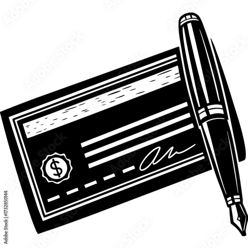 Simple bank check icon with a signature line and a pen vector illustration