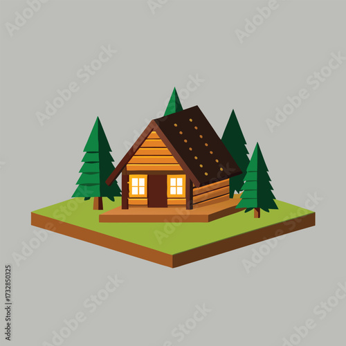 An illustration of a cozy cabin nestled among tall trees in a serene forest setting.