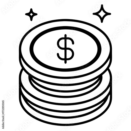 A modern icon of a dollar coin stack with glittering sparkles vector illustration