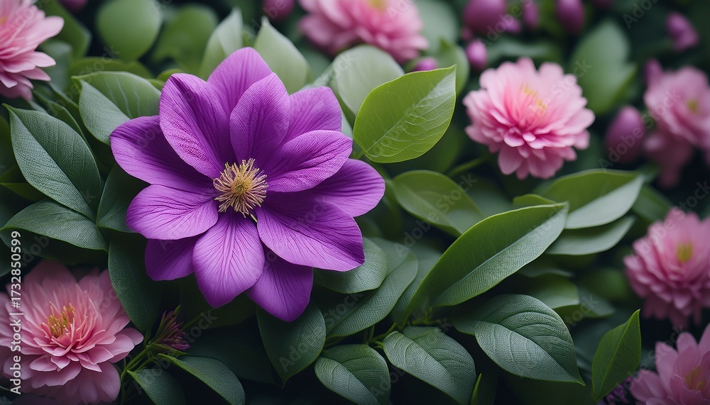 Obraz premium A Vibrant Purple Flower Surrounded By Green Foliage And Delicate Pink Blossoms