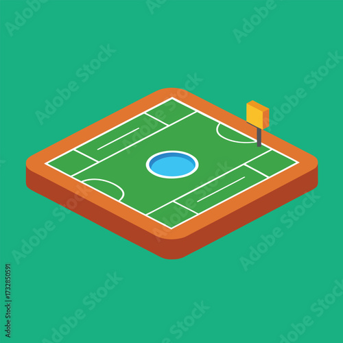 Isometric vector illustration of a soccer field, featuring goals, markings, and a vibrant green playing surface.
