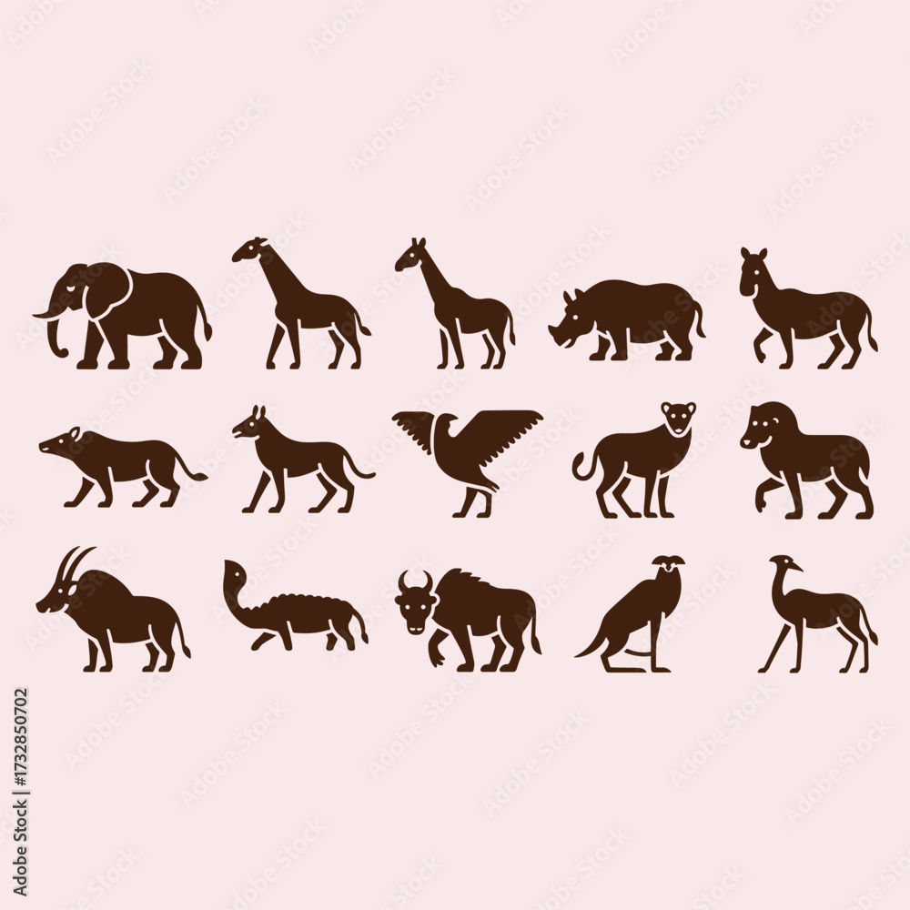 Obraz premium Collection of dark brown animal silhouettes on a light pink background elephant giraffe