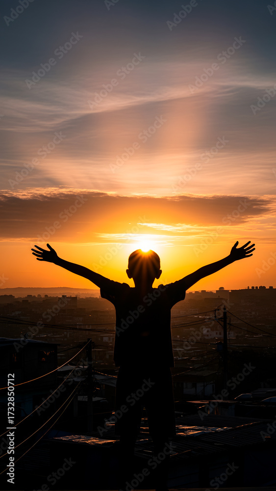 Fototapeta premium Silhouette of child embracing sunrise over the city. Hope, freedom, new beginnings. Serene, golden light.