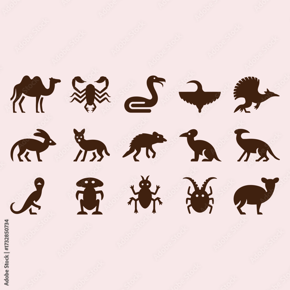 Fototapeta premium Collection of brown animal and insect silhouettes on a pale pink background camel scorpion