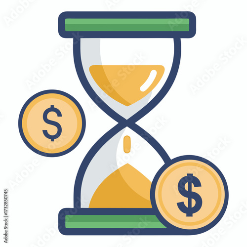 A clean minimal hourglass icon with dollar coins instead of sand vector illustration