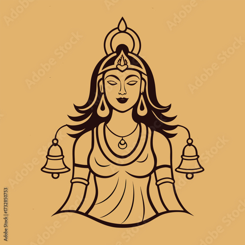 The goddess of India, featuring decorative bells on her head, representing spirituality and tradition.