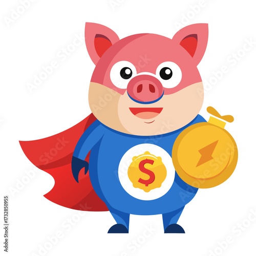 A cute piggy bank with a red superhero cape illustrated as a hero vector illustration