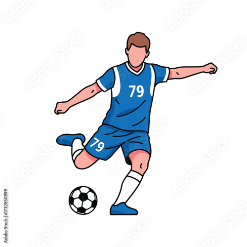 Athletic male soccer player wearing a blue jersey with number seventy nine kicking a ball isolated on white background