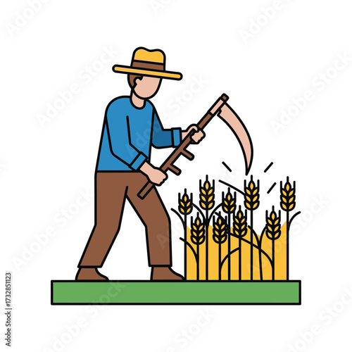 Farmer with scythe harvesting wheat field agriculture concept isolated on white background