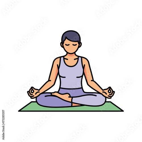 Person in lotus pose meditating on a yoga mat with hands in mudra isolated on white background