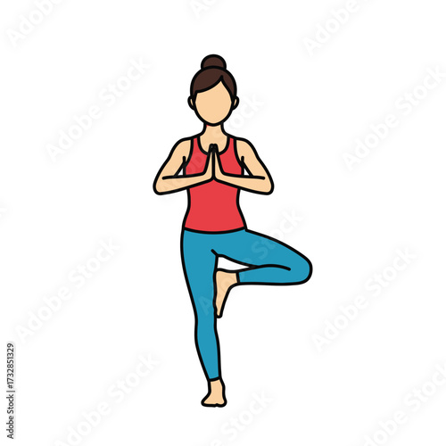 Woman performing the vrikshasana yoga pose with hands in prayer position isolated on white background