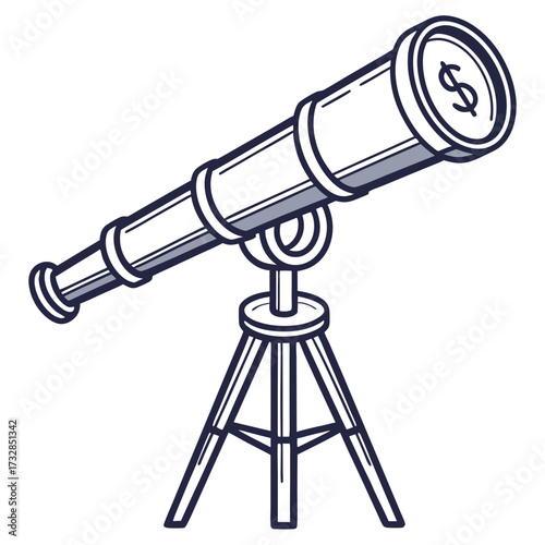 A financial forecast icon with a telescope looking towards a dollar sign vector illustration