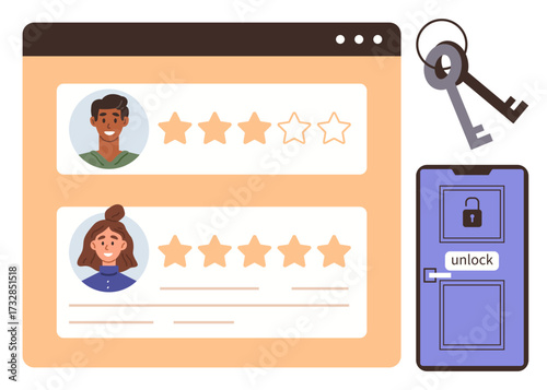 User profiles with five-star ratings displayed on a browser, keys, and a locked door symbolize access, security, trust, and evaluations. Ideal for user authentication, reviews, online safety access