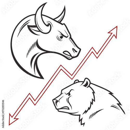 A stock market bull and bear face icon in a line design style vector illustration