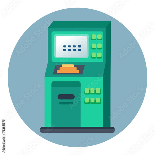 An ATM machine icon shown dispensing money on a white background vector illustration