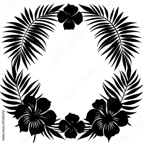 A tropical floral frame featuring hibiscus flowers and lush palm foliage vector illustration