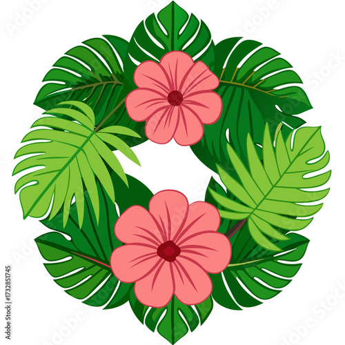 A tropical floral border with hibiscus flowers and lush green palm leaves vector illustration
