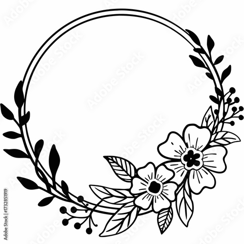 A delicate floral frame in a minimalist circular style with leaves vector illustration