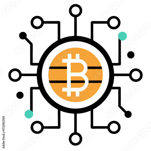 A Bitcoin cryptocurrency coin icon with a digital circuit line design vector illustration