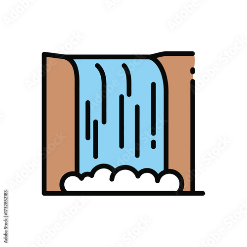 Stylized depiction of a cascading waterfall with frothy white water at its base isolated on white background