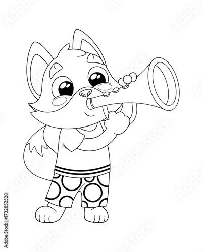 Black-and-white fox playing trumpet music