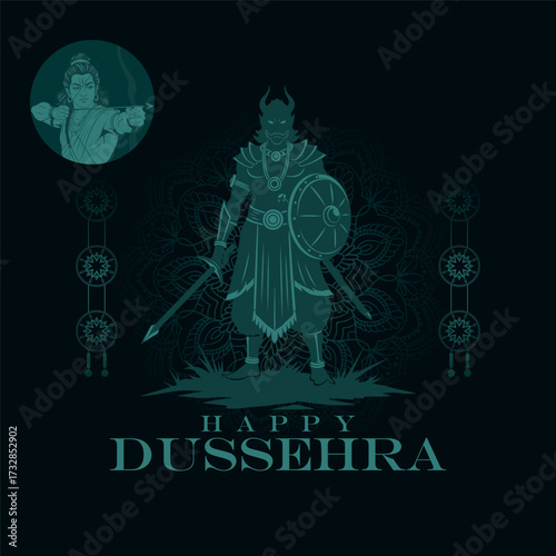 Dark, stylized illustration of a formidable warrior wearing armor, holding a spear and shield. A strong and intense concept for Happy Dussehra celebrations.