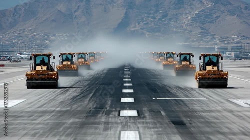 Heavy Machinery Preparing Airport Runway Through Dust Clouds And Sunlight Highlighting Construction Efficiency And Industrial Activity
