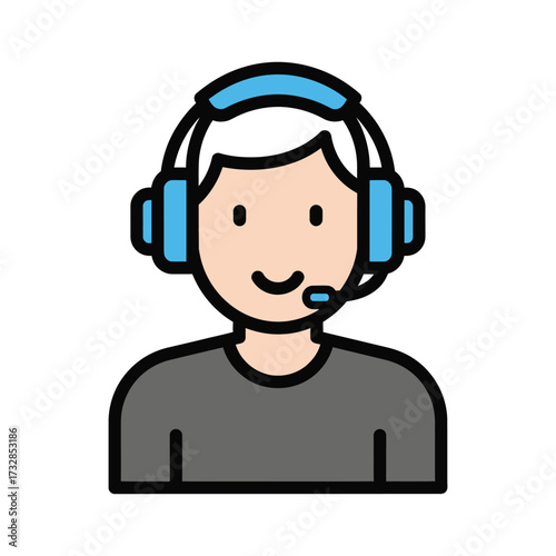 Friendly person wearing headphones with microphone icon for communication and support isolated on white background