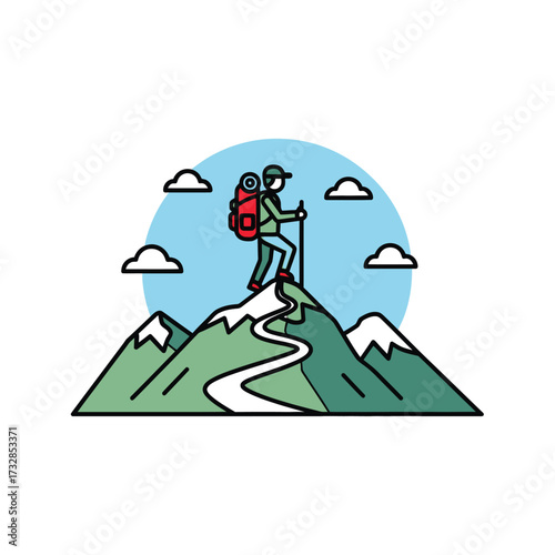 Adventurous hiker with backpack reaches mountain summit using trekking pole isolated on white background