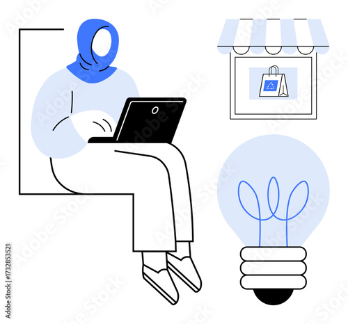 Woman wearing headscarf using laptop, online shop storefront with shopping bag, and lightbulb with plant sprout. Ideal for e-commerce, entrepreneurship, online business, creativity, innovation