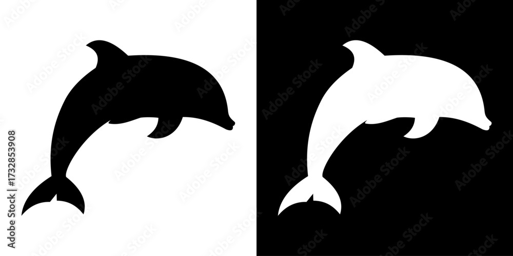 Naklejka premium Stylized dolphin silhouette in black and white, isolated on split background, minimal marine mammal vector illustration perfect for ocean, wildlife, and logo projects