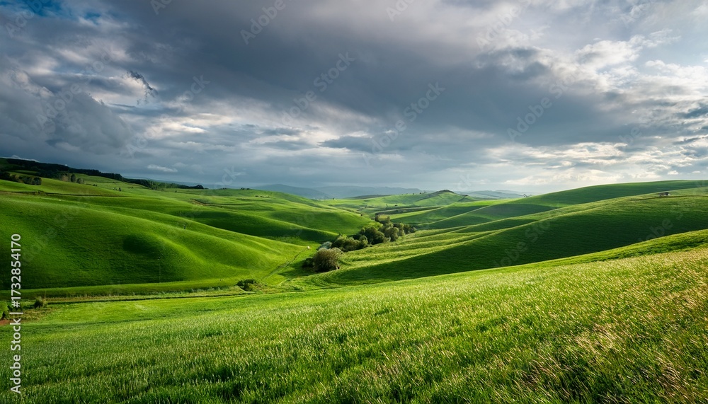 Fototapeta premium Lush Green Fields And Rolling Hills Under A Cloudy Sky In A Rural Countryside Setting