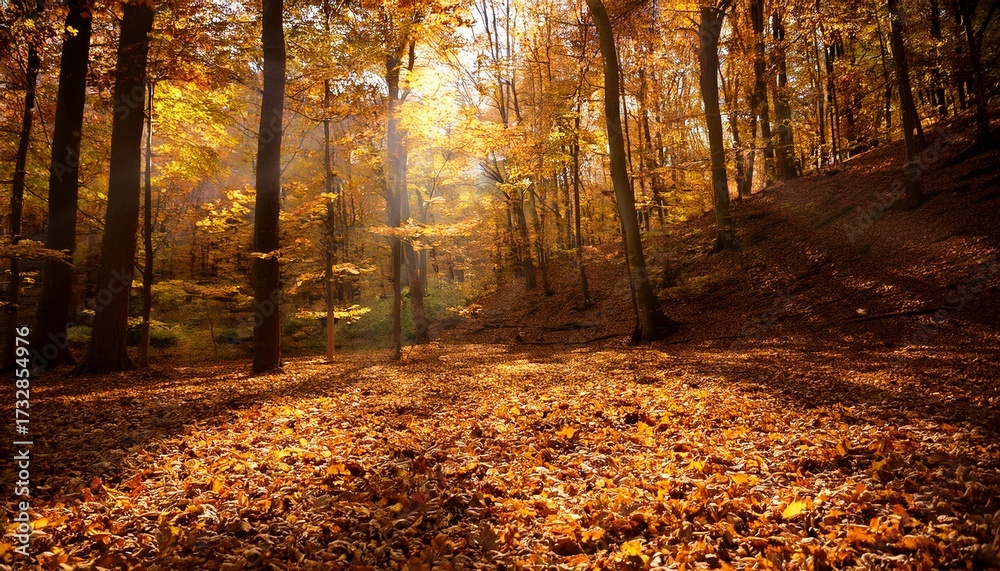Obraz premium Golden Leaves Falling In A Serene Forest Setting