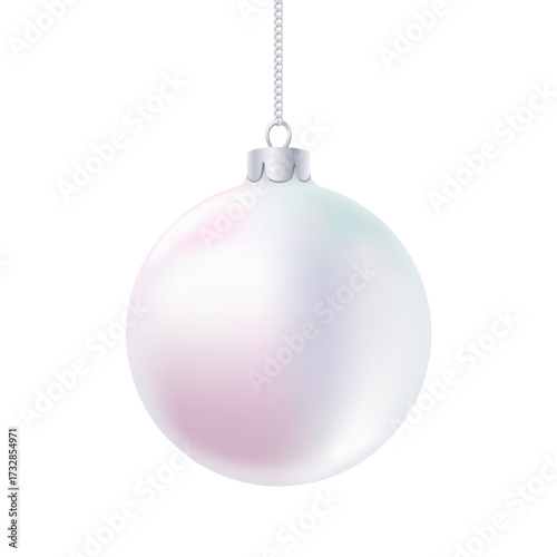 Pure white Christmas ball isolated on white background. Single clean 3D ball of pearl nacre iridescent color hanging on a long chain, realistic New Year ornament. Vector clipart of realism style.