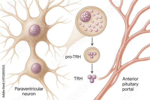 Diagram illustrating the process of TRH release from paraventricular neurons to the anterior pituitary portal system.