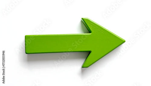 Three-dimensional green arrow pointing right on a white background, symbolizing movement, direction, or guidance with a glossy finish and shadow depth.