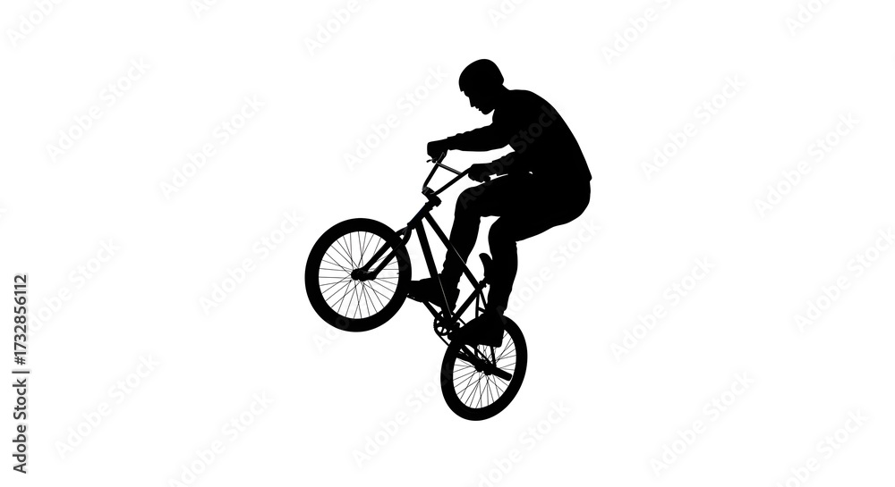 Fototapeta premium Realistic Silhouette BMX Rider: Man Doing Trick, Isolated White Background, Cycling Sport Transport, Extreme, Bike, Action, Urban.
