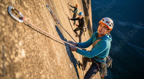 A portrait of a focused mountaineer with equipment against a rock backdrop in the warm light of sunset. The man's gaze expresses determination and readiness to overcome difficulties on the way to the 