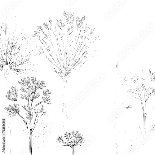 Artistic rendering of several abstract trees with sparse foliage in black and white sketch style design