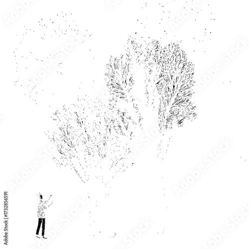 A person stands looking up at two large trees with dense foliage in a monochrome illustration style image