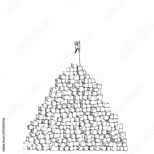 A stick figure climbs a rope to the top of a mountain made of stacked rectangular blocks on white background