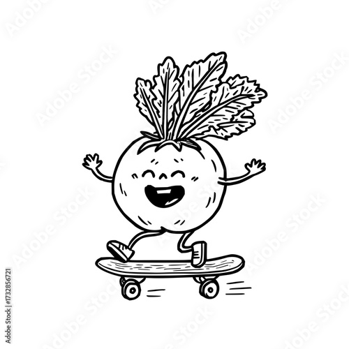 Cartoon vegetable character with a happy face skateboarding in black and white line art style design