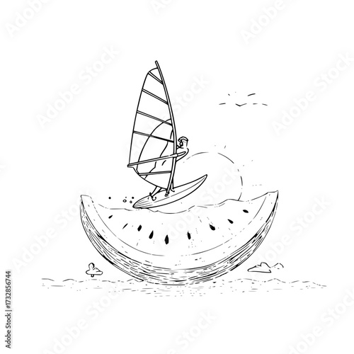 Windsurfer on a watermelon slice with sun and birds in a black and white line drawing on a white background