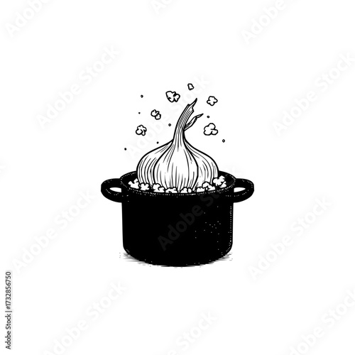Illustration of a garlic bulb in a black pot with steam rising up on a white background drawing style