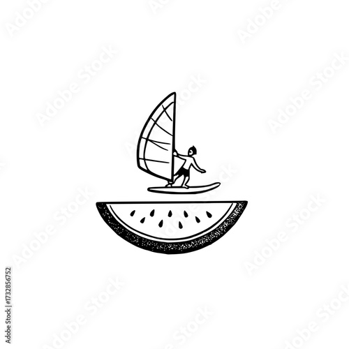 A person windsurfing on a watermelon slice with a sail in black and white line art illustration