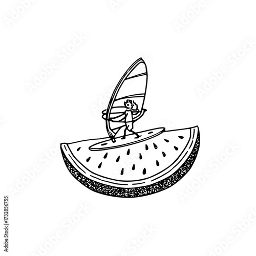 Illustration of a person windsurfing on a watermelon slice with a sail in black and white outline style